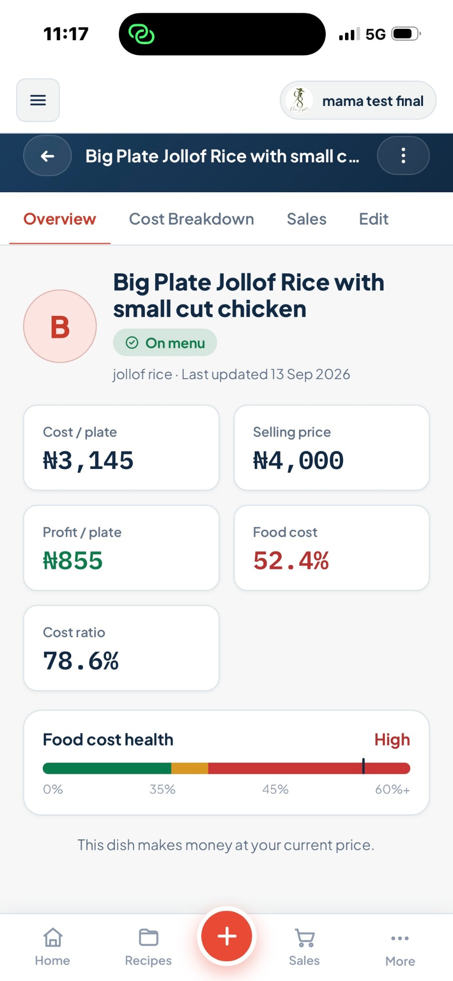 Dish profit per plate and food-cost health