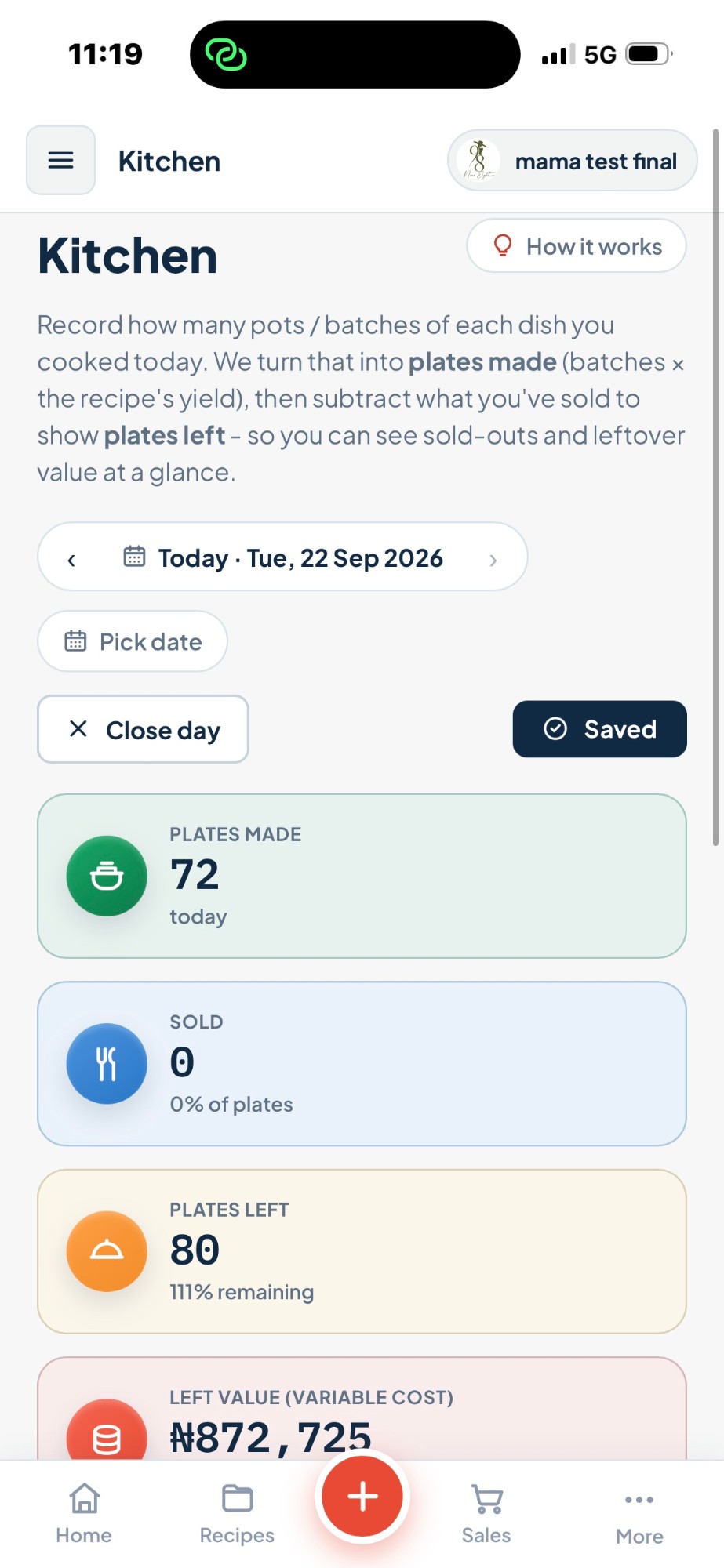 Kitchen: plates made, sold and left